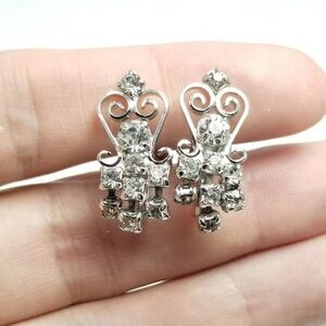 Vintage Duane Rhinestone Clip On Earrings, Screw Back, Silver Tone, Estate